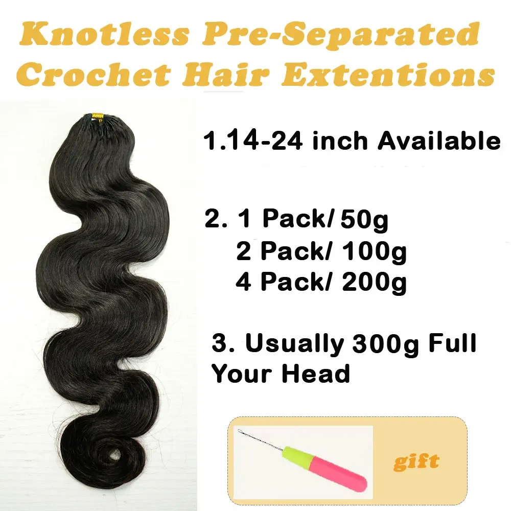 Knotless Pre-Separated Crochet Hair Extensions Human Hair Body Wave Feather Crochet Braid Hair Extensions 100% Human Hair