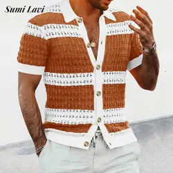 Seaside Beach Casual Shirts Mens 2025 Spring Summer Fashion Striped Knitting Cardigan Tops For Men Vintage Buttoned Lapel Shirt