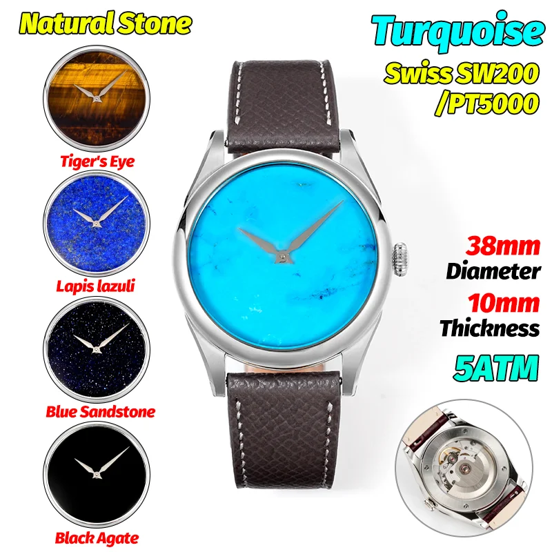 

Huasuo Man Luxury Mechanical Watches 38Mm Natural Lapis Lazuli/Turquoise Dial Gemstone PT5000 Automatic Relojes Sapphire 5Atm