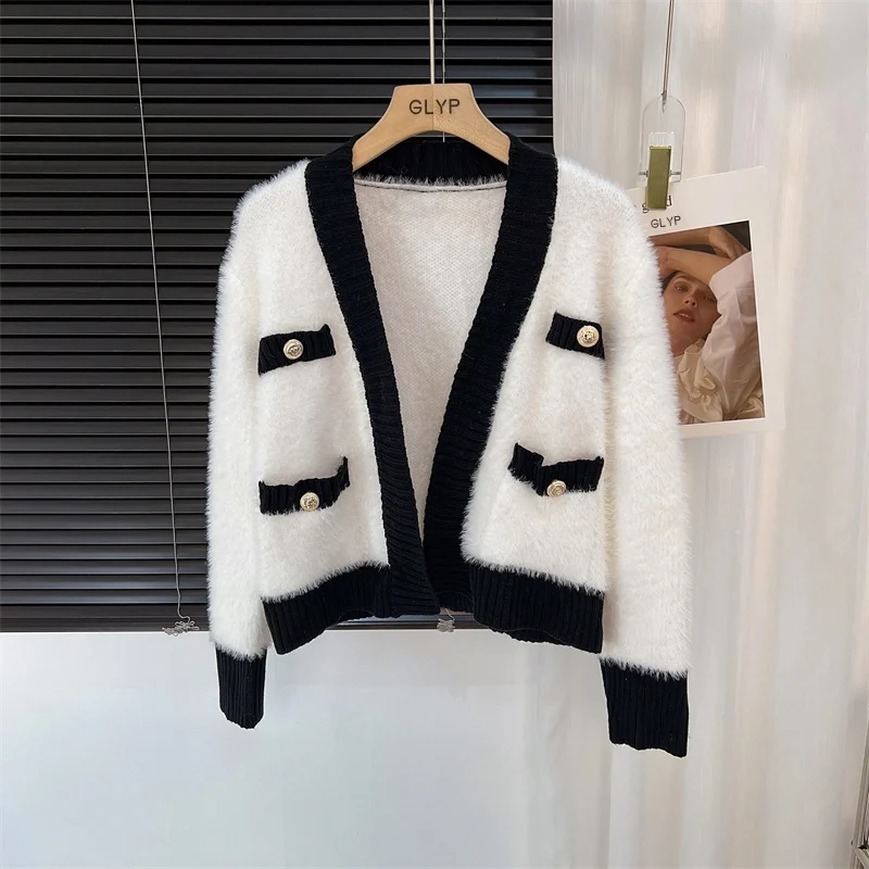 

Women Mohair Autumn Winter Coat V-Neck Metal Button Knitted Cardigan Cashmere Wool Sweater Knitwears Jacket Mink Jumper X437