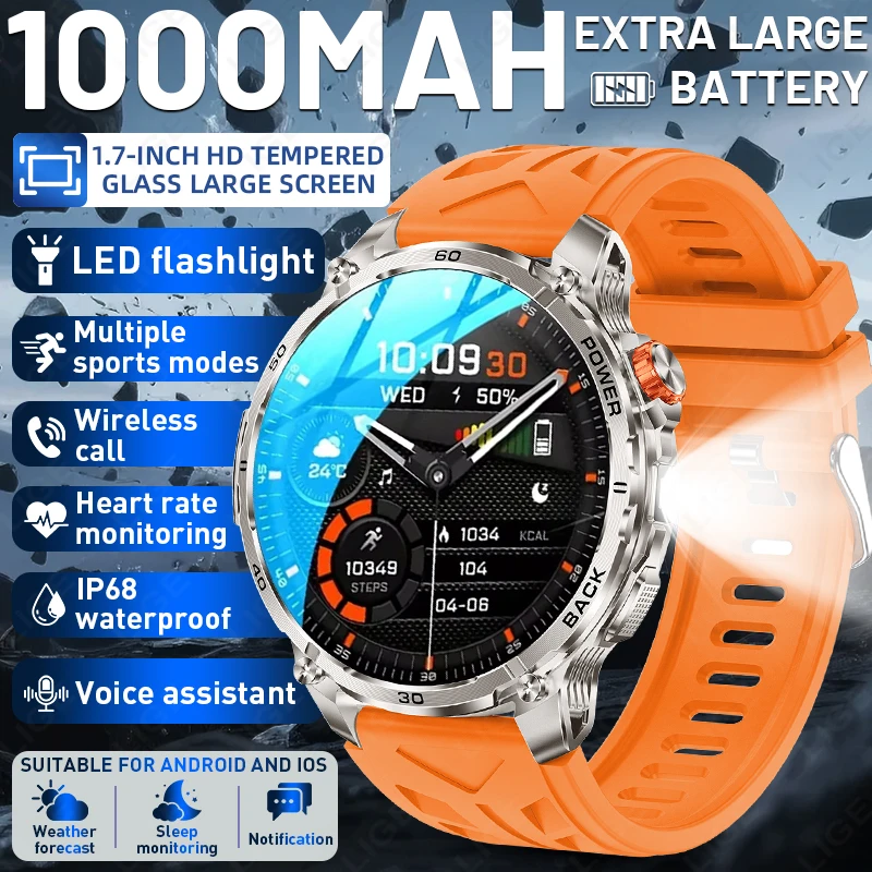 

LIGE New 1000mAh Military Outdoor Smart Watch For Men LED Flashlight IP68 Waterproof Sports 1.75-inch Bluetooth Call Smartwatch