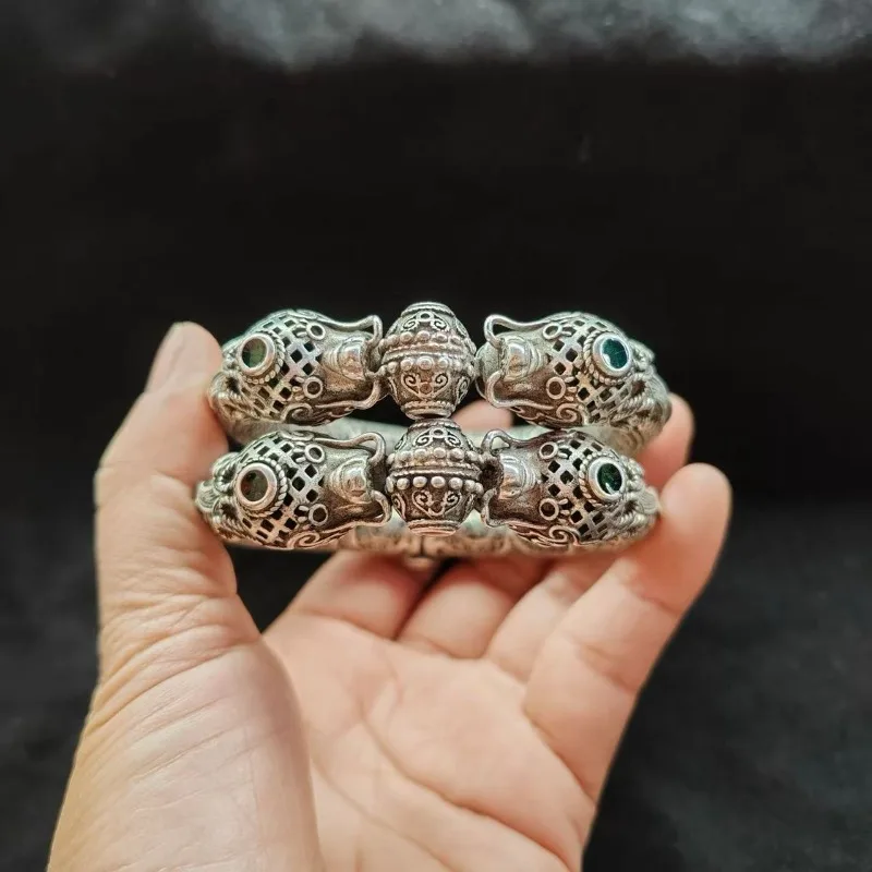 سوار من الفضة التبتية مزدوج التنين وفم النمر سوار مجوف هدية رائعة مصنوعة يدويًا لهدية حفلة عيد ميلاد الصديق