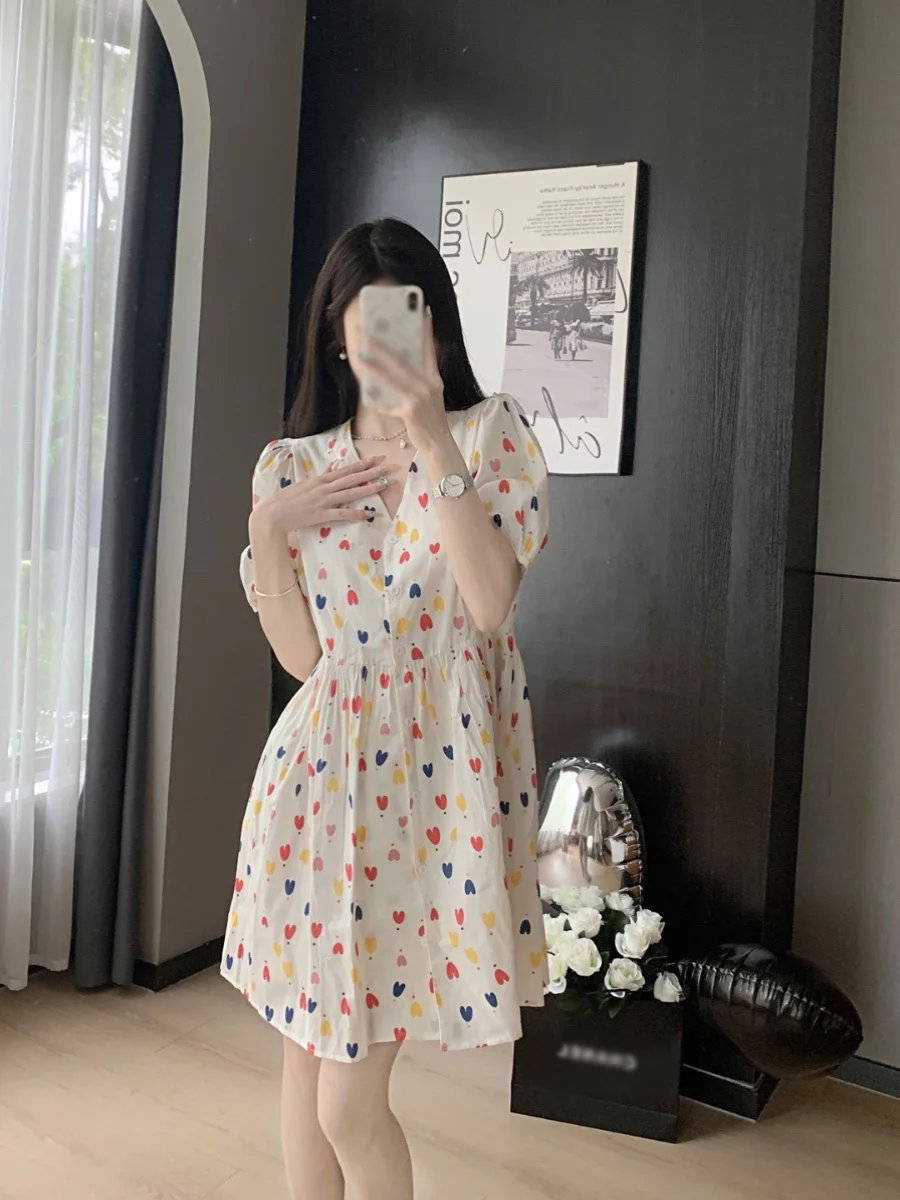 Sweet Heart V-Neck Bubble Sleeve Forest System Dress  Floral Short Dress Women Summer Casual Loose Fit A-Line Skirt