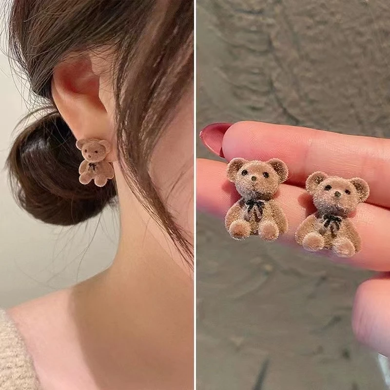 Cute Flocking Plush Rabbit Bear Stud Earrings Kawaii Brown Khaki Animal Earrings For Women Girls Korean Earring Jewelry