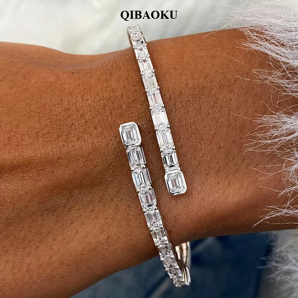 QIBAOKU 4*6mm Emerald Moissanite Open Bangle Pure S925 Silver Certified Diamond Cuff Bracelets Gift for Women Fine Jewelry 2026