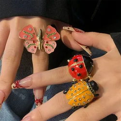 HangZhi Vintage Enamel Rhinestone Insect Ring Colorful Cute Butterfly Beetle Punk Y2K Jewelry for Women New