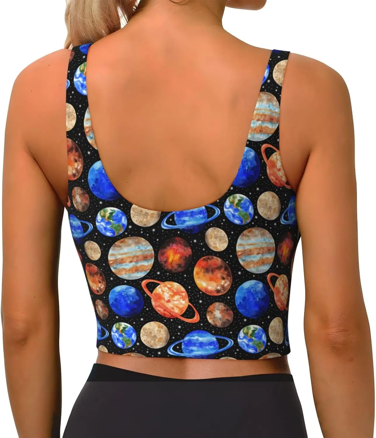Planets Women Scoop Neck Sports Bras Removable Pads Yoga Outfit Crop Gym Top U Back Exercise Tank Tops Sleeveless Sports Vest