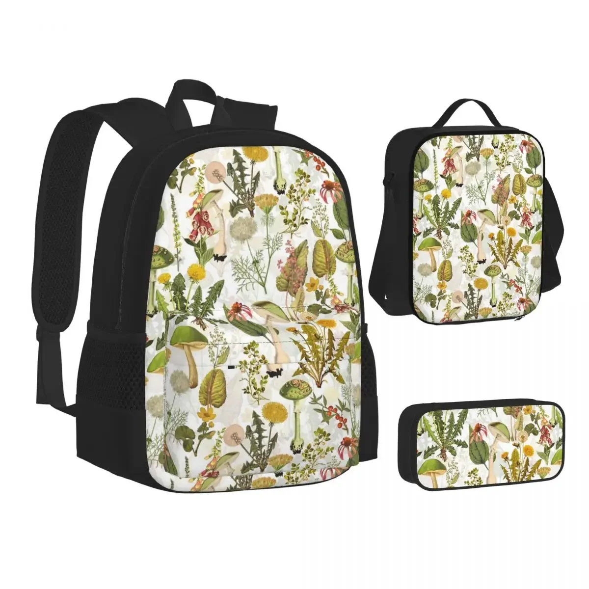 Toxic Mushrooms And Wildflowers Forest Botanical Garden Pattern Backpacks Bookbag SchoolBag Lunch Bag Pen Bag Three-Piece Set