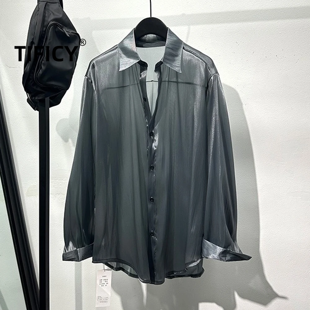 Dark Style Long Sleeved Shirt Men's A Sense Luxury Rugged and Handsome Transparent and Loose Casual Shirts Tops