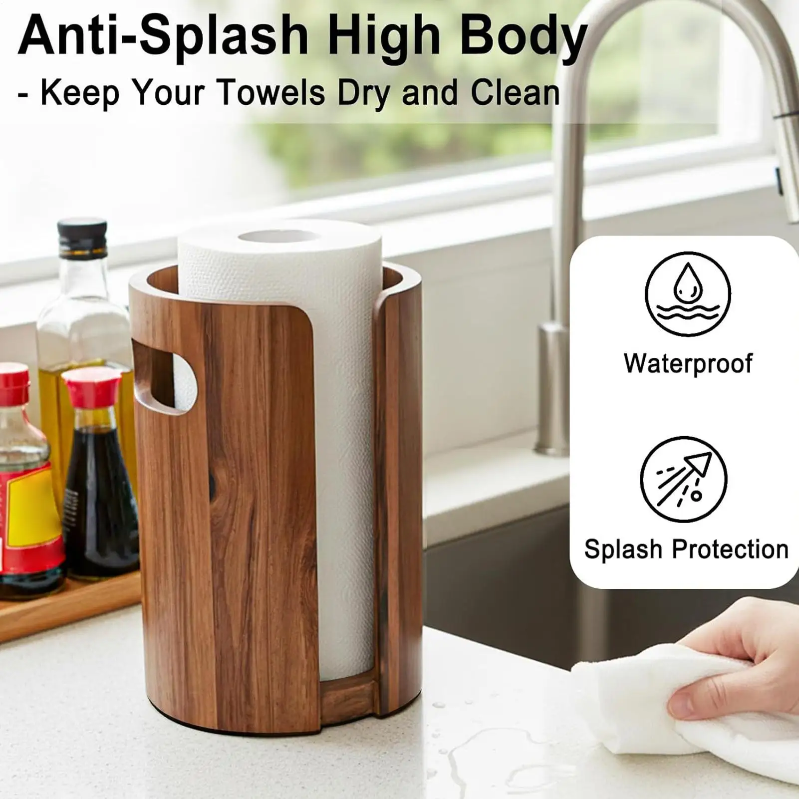 Round Tissue Holder With Splash Guard Wooden Storage Organizer Paper Towel Stand Paper Roll Holder Decorative Tissue Dispenser