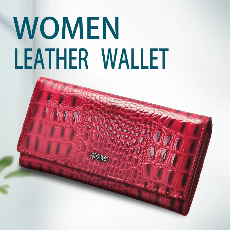 Long Magnetic Snap Wallet for Women Genuine Leather Fashion Alligator Zipper Hasp Female Wallet Elegant Purse Organizer