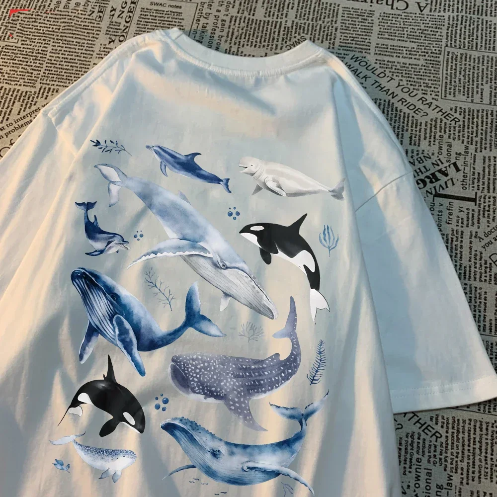Fashion Women\'S T-Shirts Ocean And Whales Printing Tops O-Neck Soft Short Sleeve Summer Casual Female Clothes