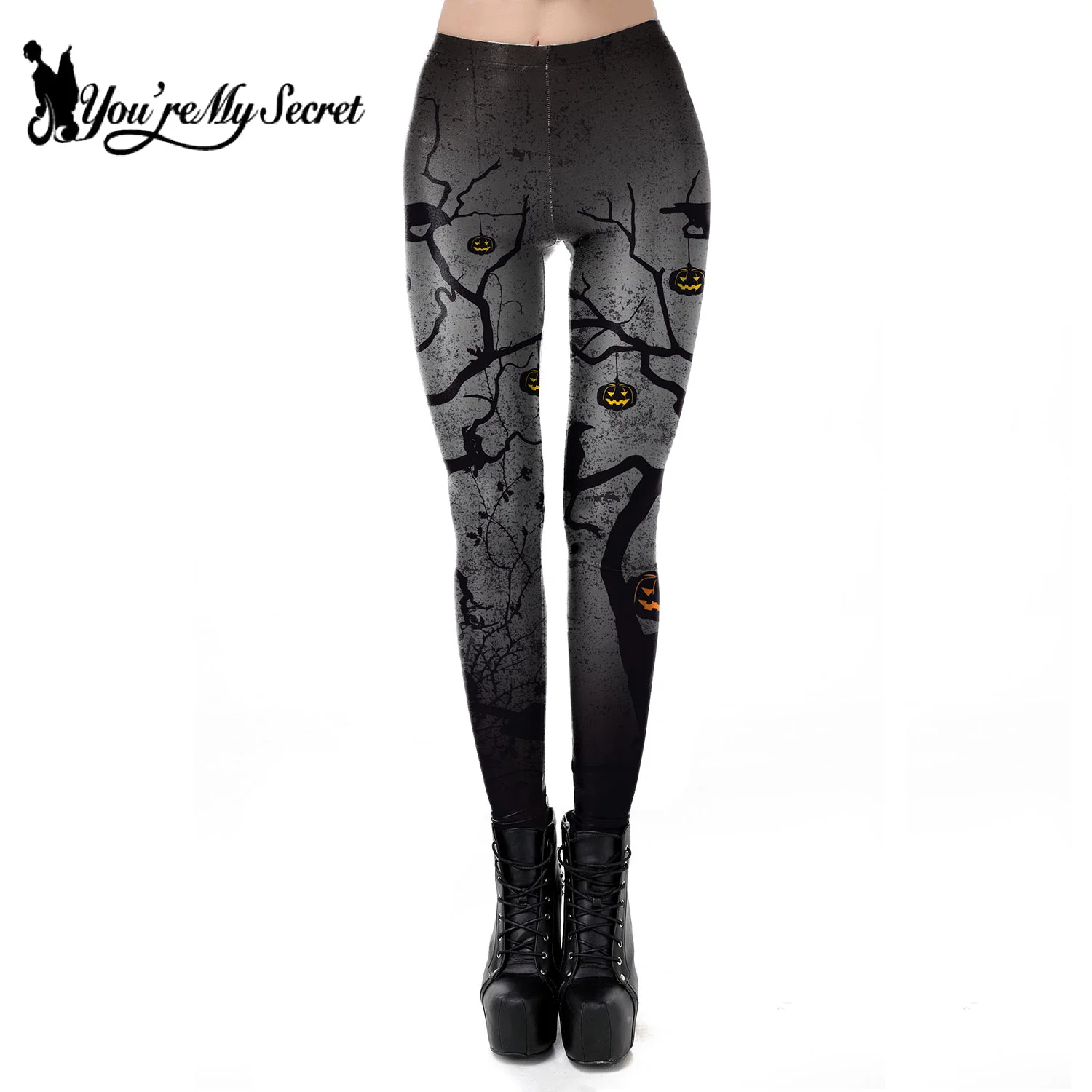 [You\'re My Secret] Halloween Women Leggings Skeletal Pumpkin Push Up Printing Spandex Gym High Waist Strength Party Pants COS