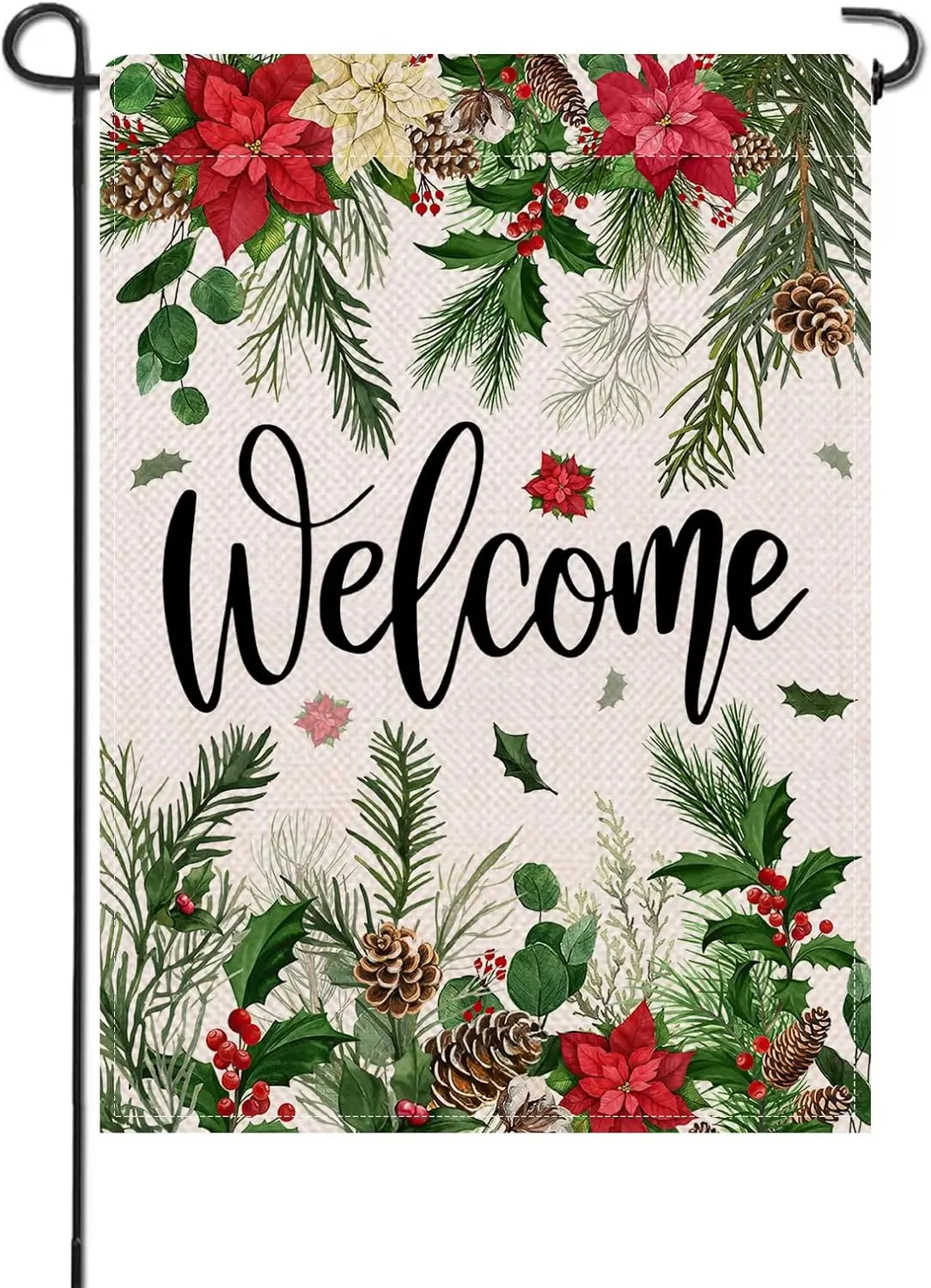 Artofy Bienvenido Flor de Pascua navideña Pequeña bandera decorativa para jardín, ramas de agujas de pino de Navidad Decoración exterior de césped de patio, LLE