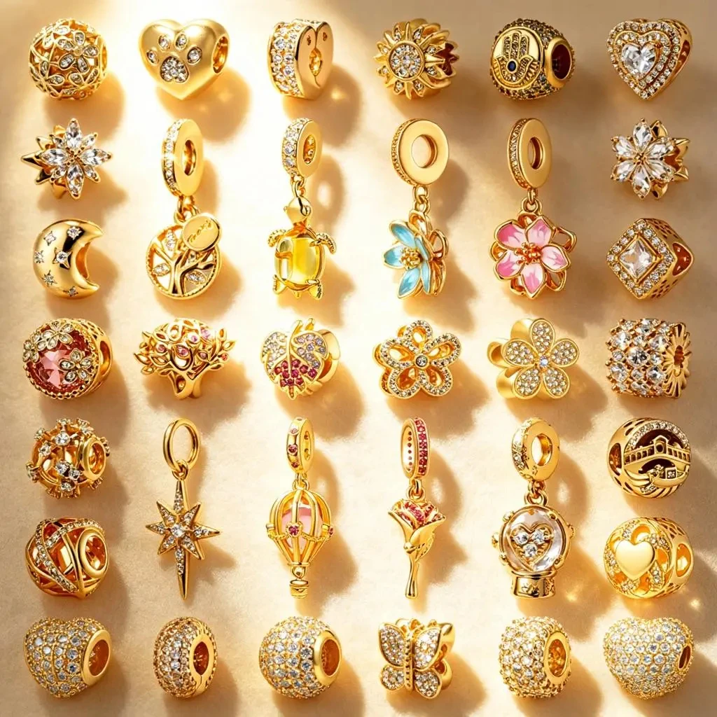 

Sparkling Golden Charms DIY Fashion Jewelry Gifts Angel Hot Air Balloon Cherry Blossom Hearts Clips Beads Fit Original Bracelets