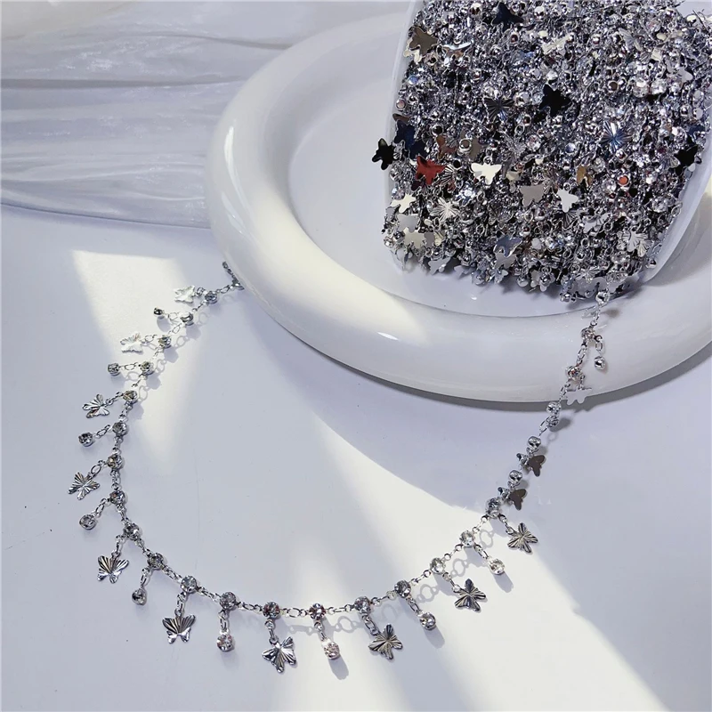 1meters Zircon Stones Necklace Chains Copper Metal Link Bracelet Butterfly Crystal Beads Chains Bulk Lot for Diy Jewelry Making