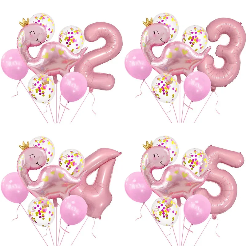 Cute Pink Crown Dinosaur Aluminum Balloon Set Jungle Party Baby Girl Birthday Party Setup Photo Shoot