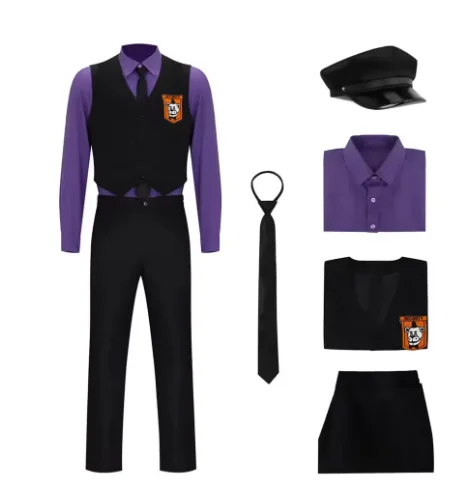Purple Guy William Afton Cosplay Costume Movie Hat Shirt Vest Pants Outfit Roleplay Halloween Party Uniforms
