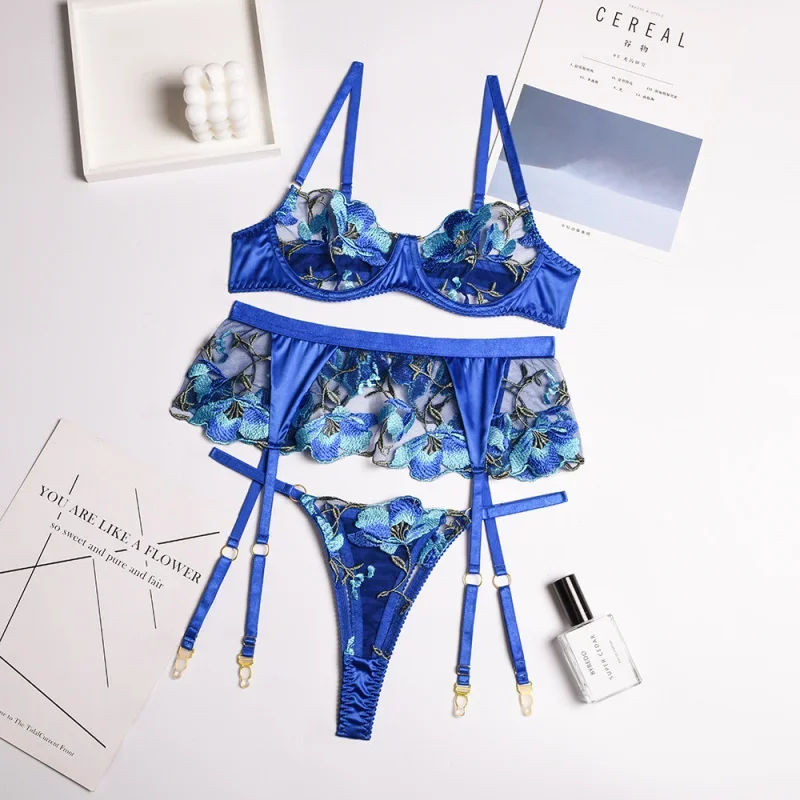 Sexy bikini lingerie flower embroidery three-piece suit with steel ring uniform temptation