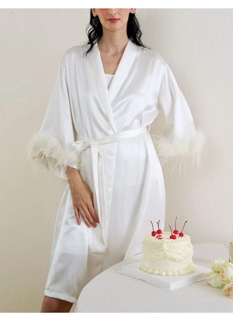 Luxury Mulberry Silk Women's Pajamas Baby Blue Silk Casual Home Wear Feather Cuff Decoration High-end Women Comfortable Loose - view 3