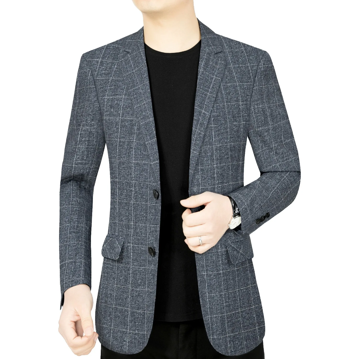 

Autumn Blazer Men New Plaid Single-breasted Non-ironing Male Suit Outerwear Long Sleeve Versatile Business Office Man Coat