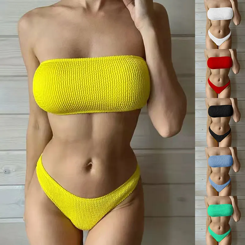 

2022 New Sexy Solid Color Wave Pattern with Chest Pad Wireless Cup Women Bikini Swimsuits Women Polyester