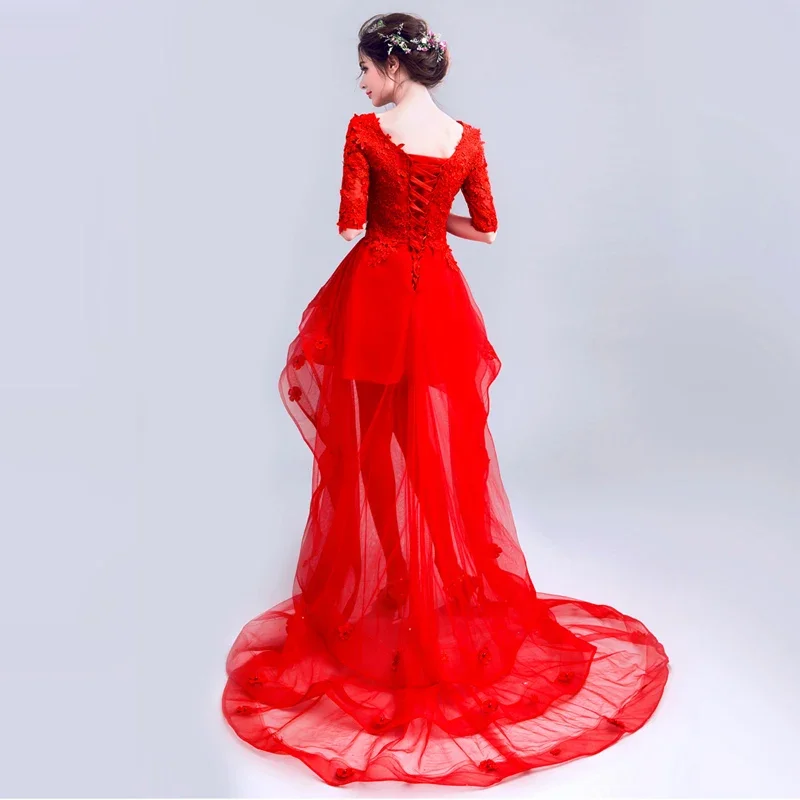 Het is YiiYa Aangepaste Avondjurk Rode Applicaties O-hals Halve Mouwen Lace up Hoog Laag Plus size Vrouw Party Formele Gown E202