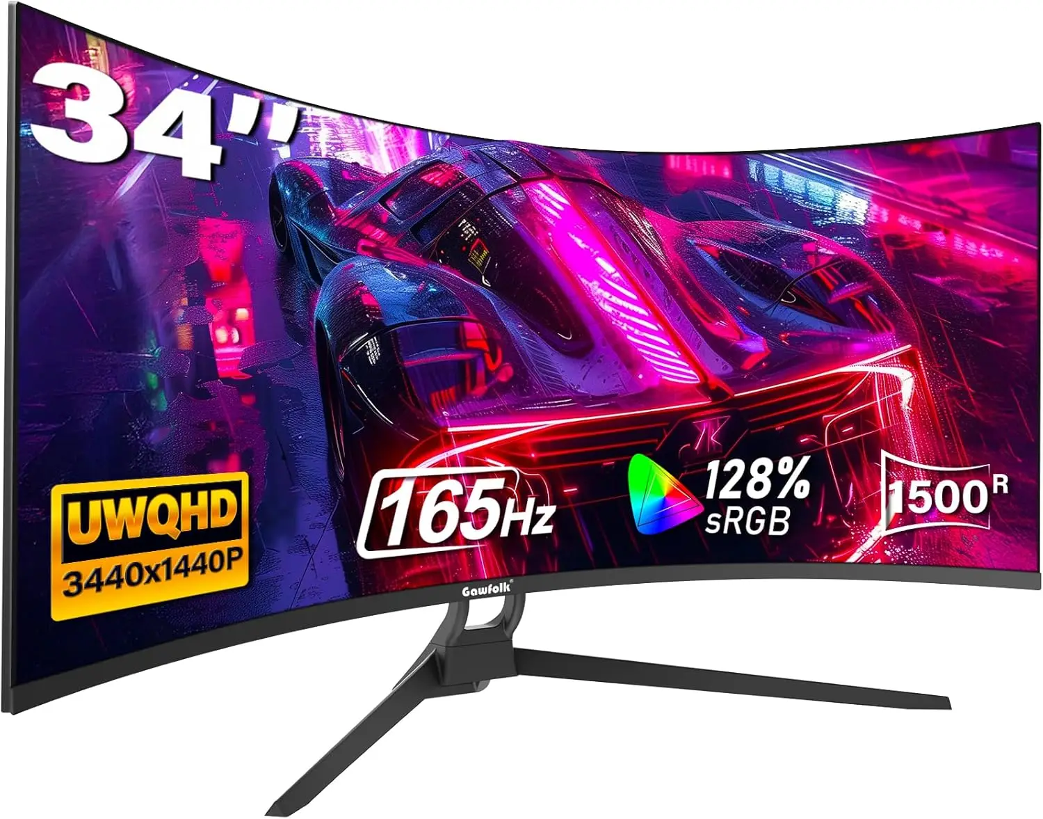 Gawfolk 34 Zoll Ultrawide Curved Gaming Monitor, 1500R Krümmung 165Hz UWQHD, Gebogener Computerbildschirm mit FreeSync