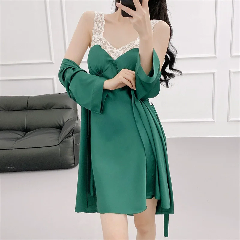 女性のためのセクシーなナイトガウンセット,親密なランジェリー,着物バスローブ,パジャマ,十分なサテン,ホームドレス,春,夏,2個