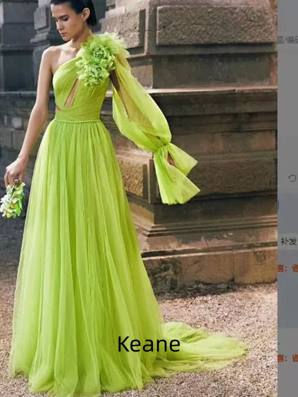 

Green One Sleeve Evening Dresses Custom Made Elegant Illusion Dress for Special Occasions Prom Gowns