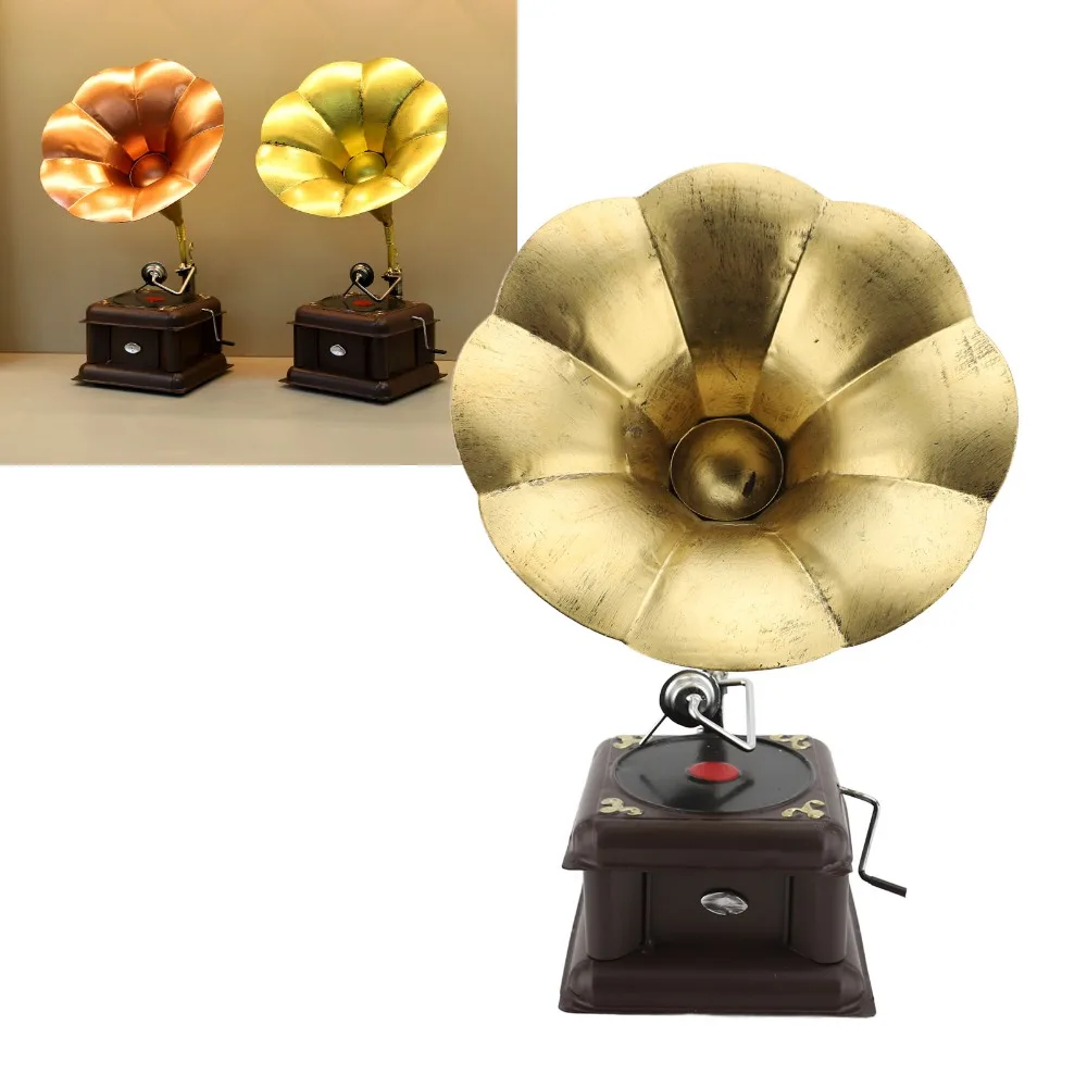2pcs Iron Phonograph Model Bronze Nostalgic Gramophone Ornament Red Bronze Classical Gramophone Turntable Table Decor