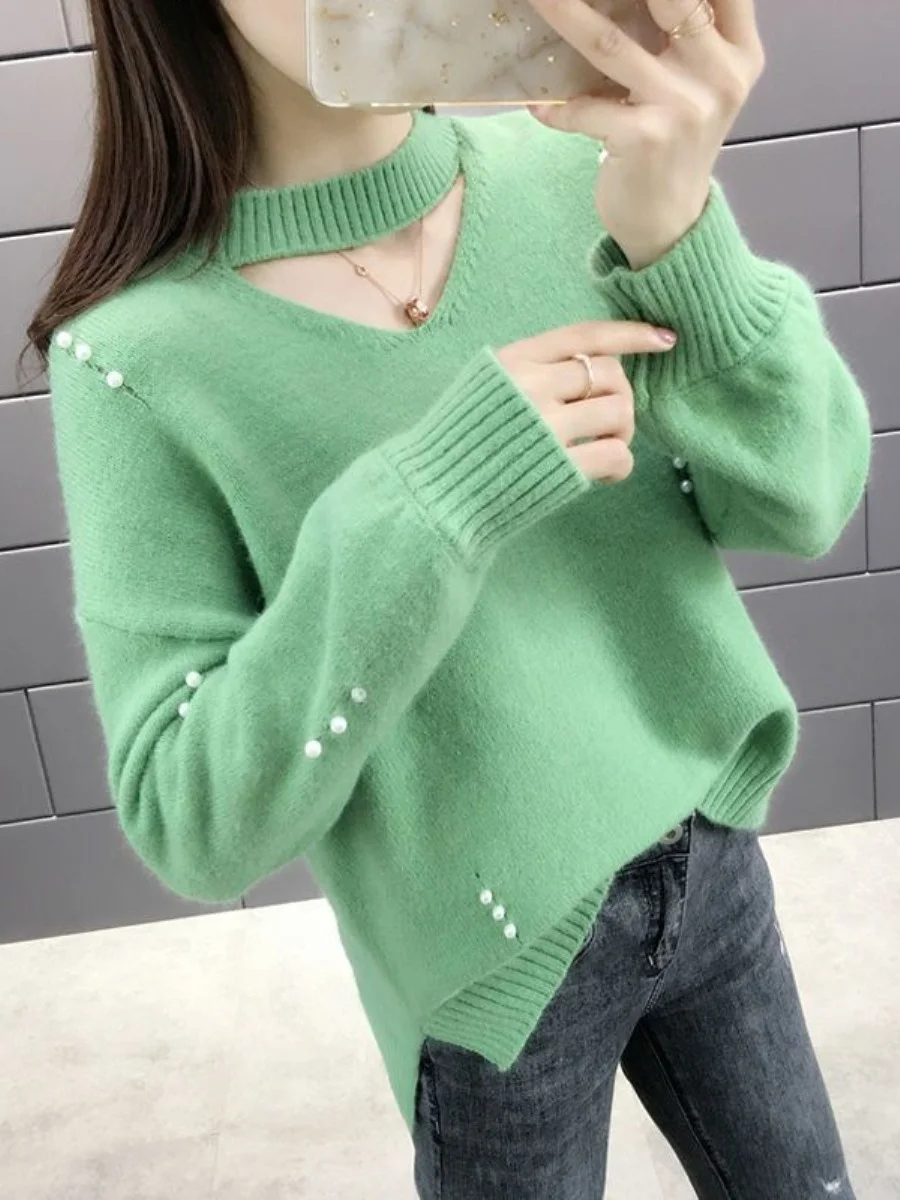 women's-ort-knitted-sweater-top-bot-two-piece-set-winter-casual-sle-pearl-embellied-base-layer-irt-faionable-ens