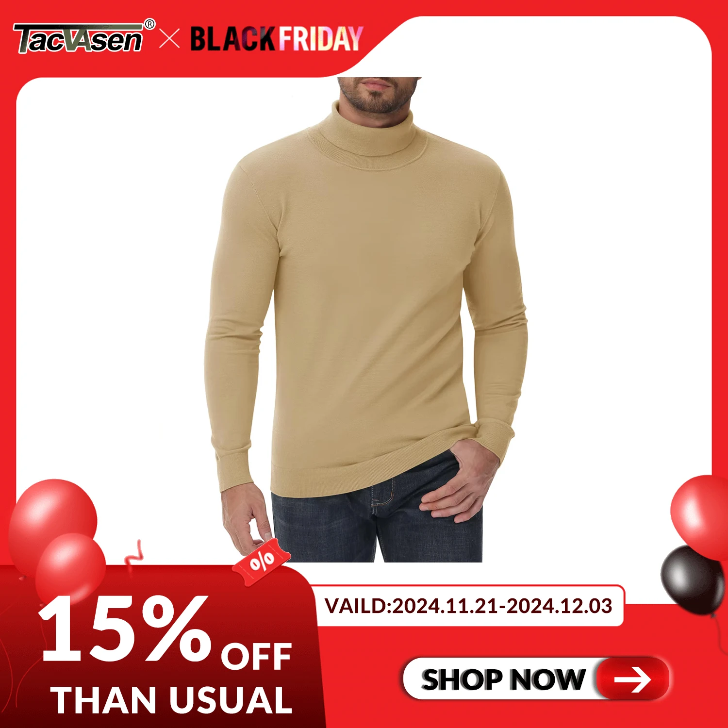 TACVASEN Autumn Winter Turtleneck Sweater Mens High Neck Warm Knitted Sweaters Slim Fit Casual Long Sleeve Pullover Tops Male