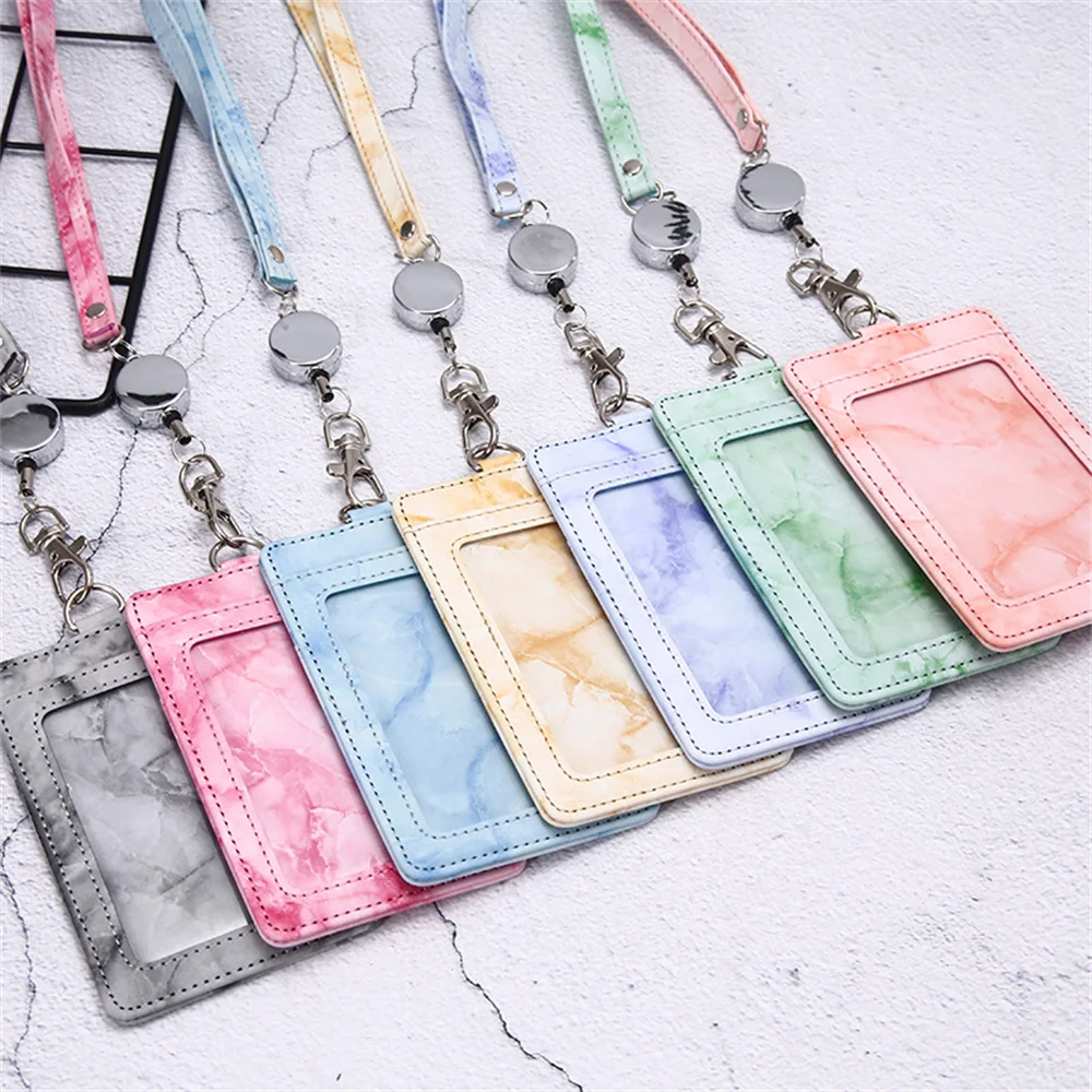 Marbling Name Adjustable Retractable Card Holder Card Cover Case with Lanyard Badge Holder Work Bank Business Credit Card