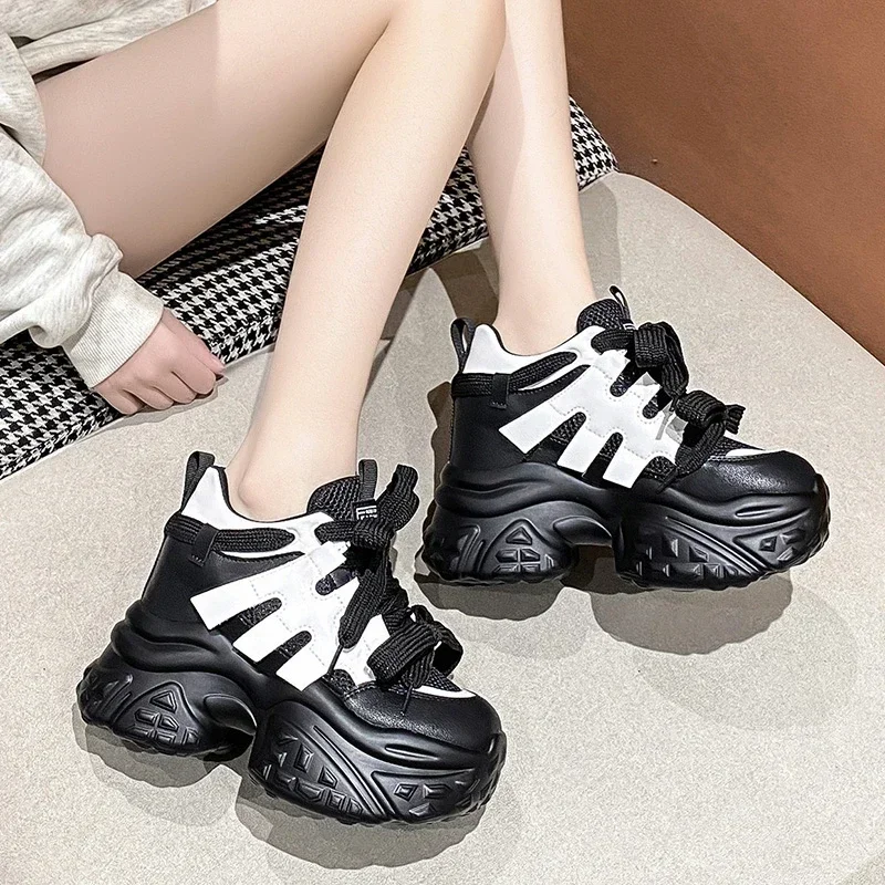 10cm mulheres malha chunky tênis outono sapatos de plataforma alta cunhas de salto alto sapatos casuais mulher respirável esportes pai tênis