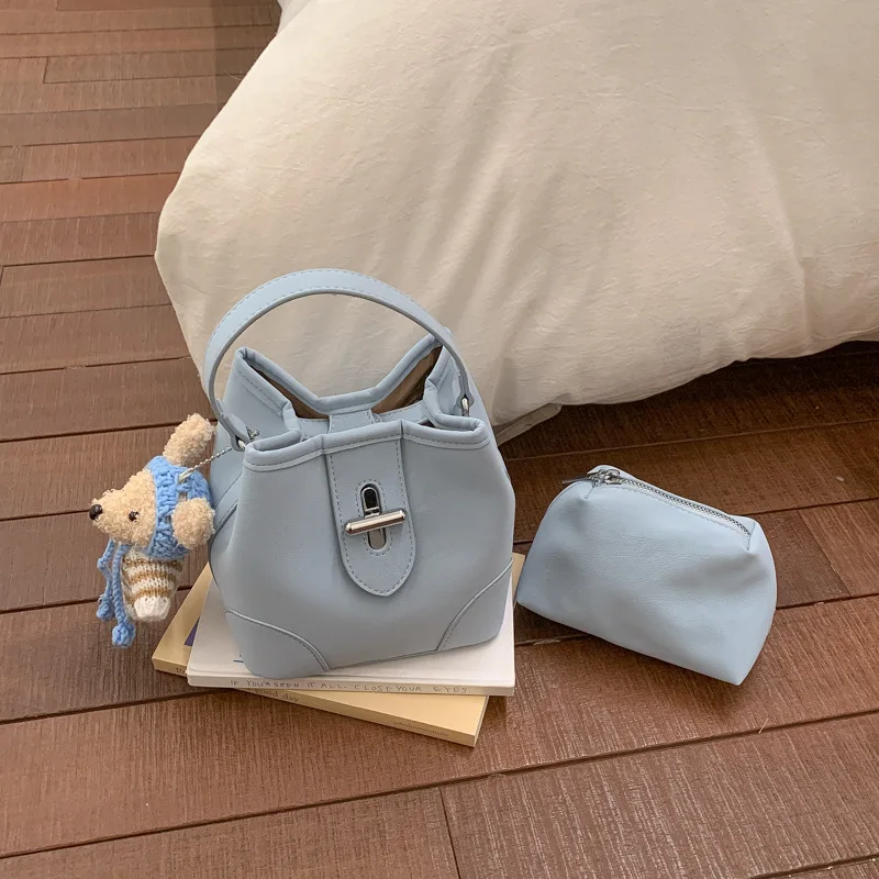 

2026 New Women Bag Bucket Light Blue Hobo Bag Women’s Shoulder Bag PU Leather Tote Bags for Lady