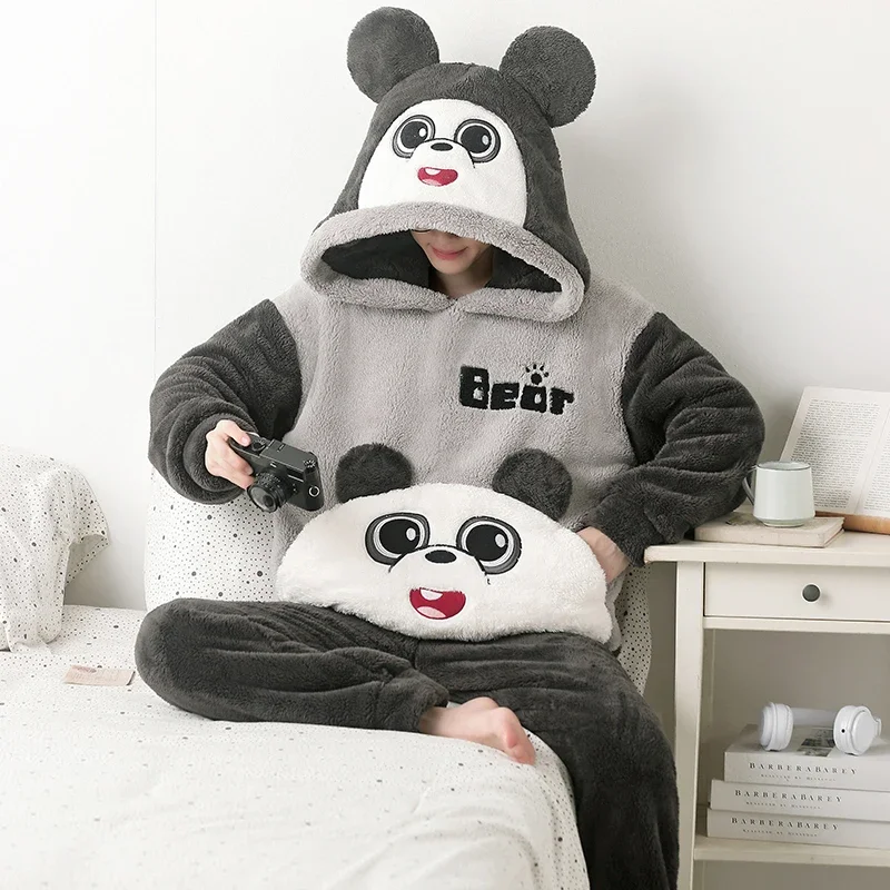 Winter Men Couples Pajamas Suit Cartoon Panda Pijamas Sets Women Sleepwear Thicken Soft Warm Hooded Pyjama Plush Lovers Set