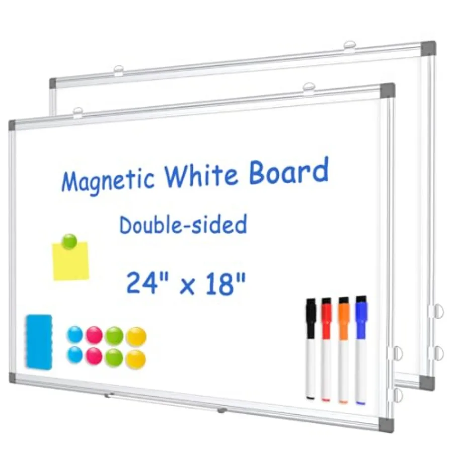 

2 Pack White Board 24" x 18" Double-Sided Dry Erase White Board for Wall Hanging Mounted Whiteboard Horizontal or Vertical Silv