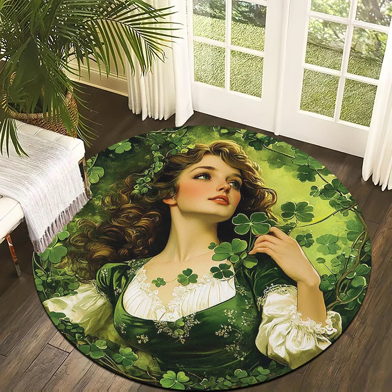 Lady of the Four-Leaf Clover Flannel-printed round floor mats are slip-resistant Suitable for living room terrace garden carpets