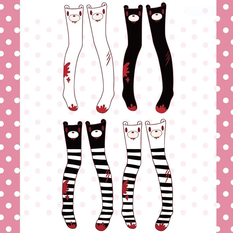 Y2k Punk Pink Blood Bear Long Socks Cartoon Gothic Violent Bear Knee Socks for Slim Women Girl Black Strip Long Thigh High Socks