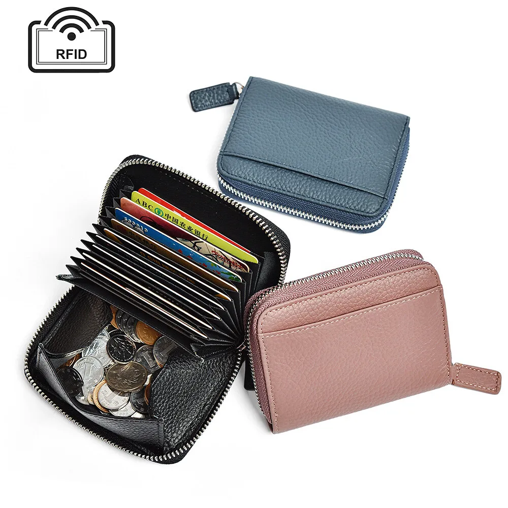 Genuine Leather Organ Card Purse for Women RFID Anti-theft ID Card Holder Key Coin Pouch Zipper Credit Cards Wallet