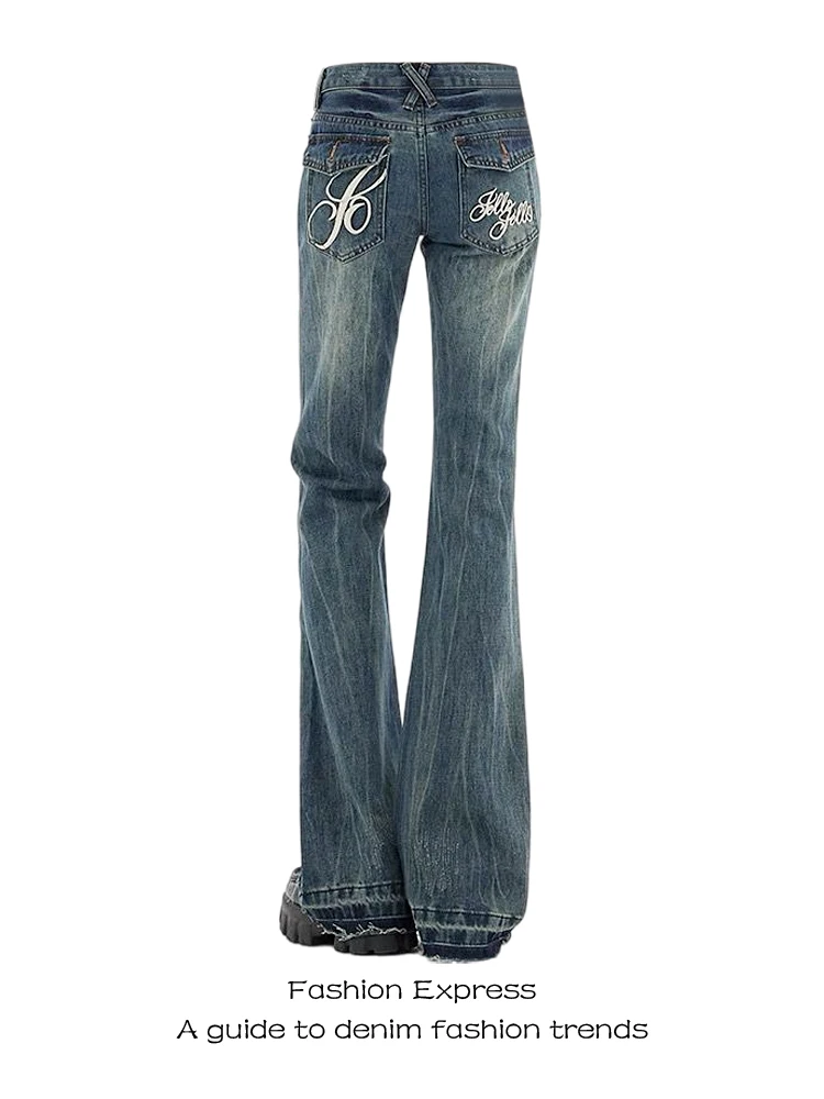 

Retro American Low Waist Bell Bot Jeans Women's Embroidered Faded High Street Sexy Slimming Floor Length Bell Pants