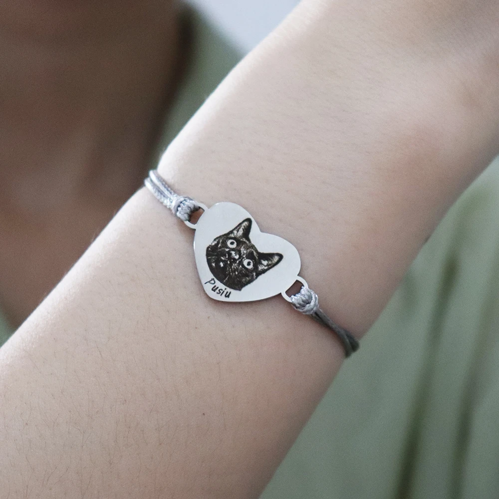 Custom Heart Pet Portrait Bracelet, Adjustable Gift