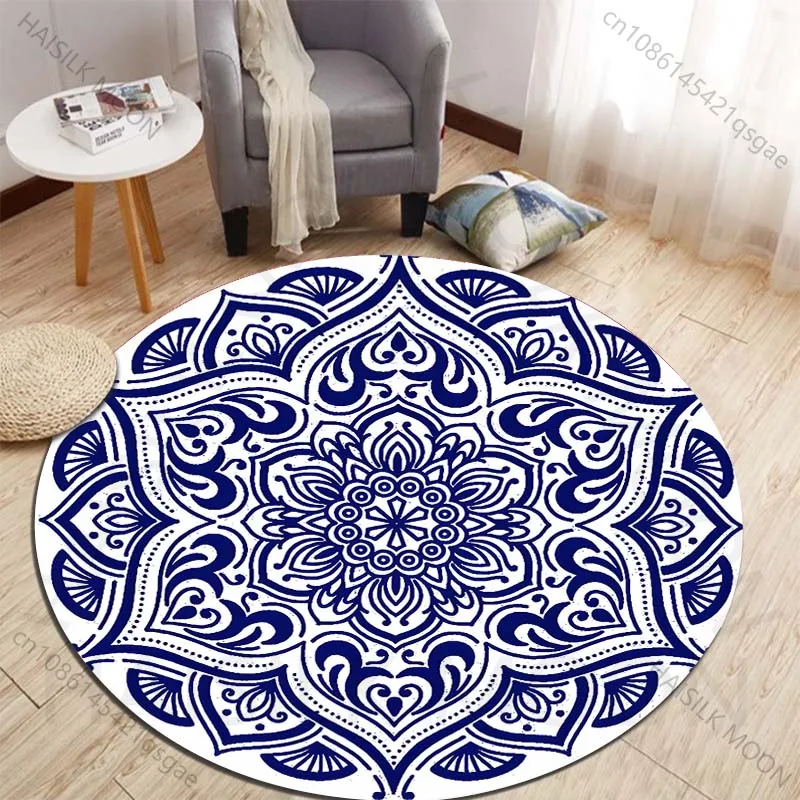 Intricate blue mandala design Printed round carpet living room sofa table carpet large pet mat soft round carpet home decor