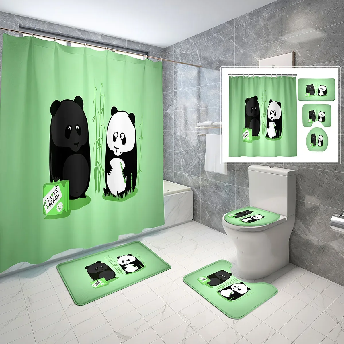 Cartoon Panda Shower Curtain Sets 4 Pcs with Non-Slip Rugs Mat Toilet Lid Cute Black White Bear Waterproof Shower Curtain Set