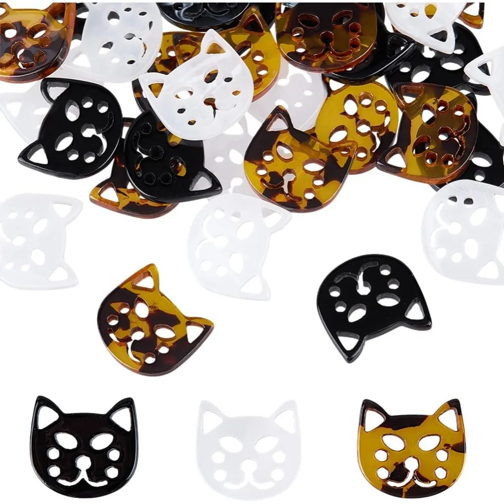 

30Pcs 3 Colors Acrylic Buttons Cat Shape 4 Holes 15x15mm Mixed Creative Lucky Cat Pattern Wooden Buttons Multicolored Cat Shaped