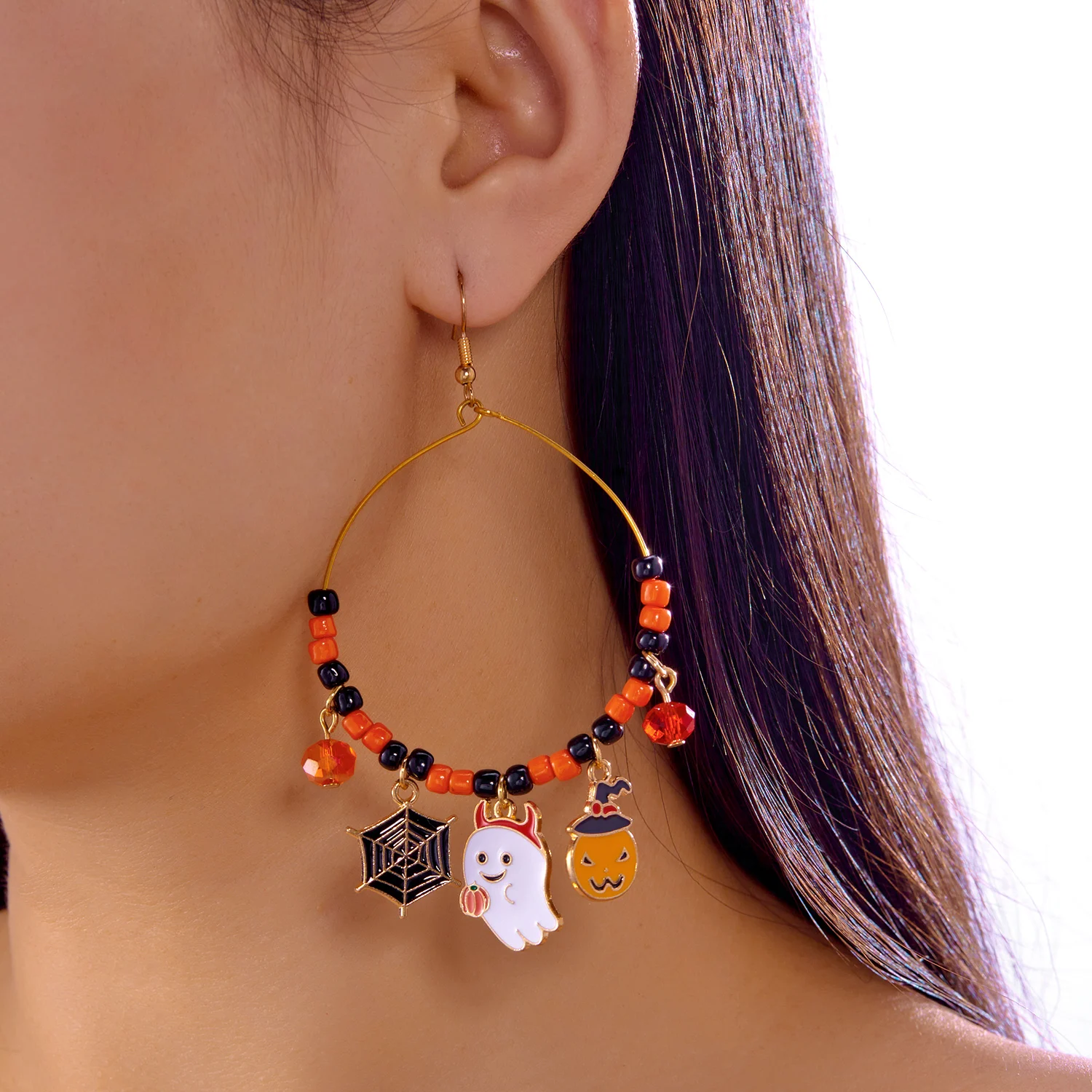 Design Sense Halloween-Kürbis-Katzen-Ohrringe für Frauen, übertriebene Reisperlen, großer Kreis, Creolen, festlicher Party-Schmuck – Detail 5