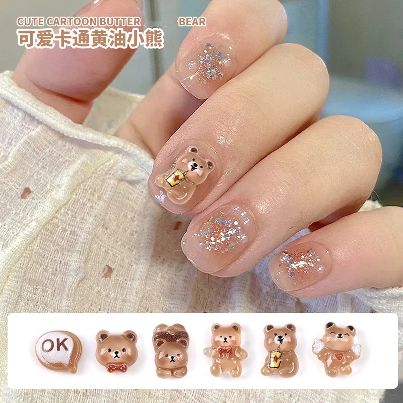 20PCS Lovely Cute Little Butter Brown Bear OK Cartoon Resin Nail Art Rhinestones Decorations Manicure Ornaments Accessories