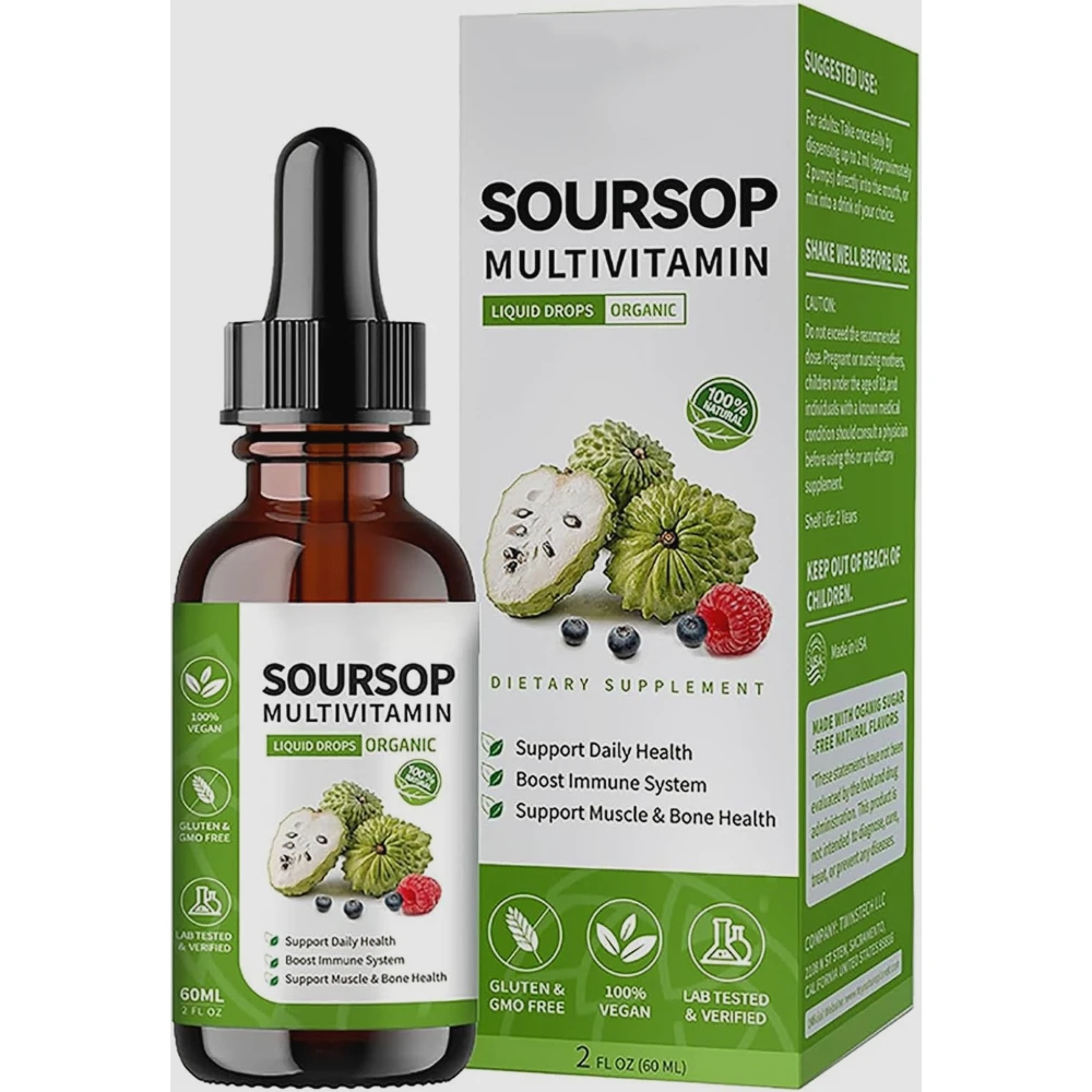 Gotas Líquidas de Guanábana, Extracto de Hoja de Guanábana en Gotas, Gotas Líquidas Multivitamínicas de Guanábana Orgánicas para la Célula, 2 Fl Oz