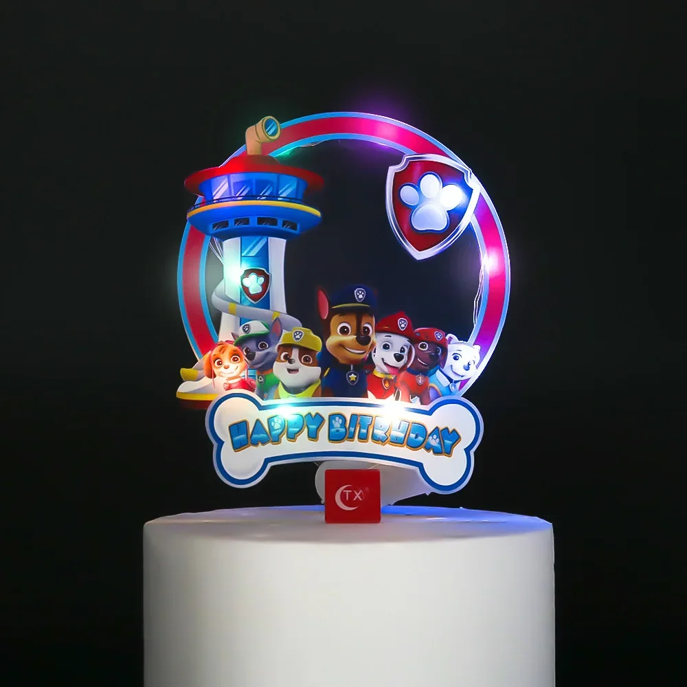 Cartoon Paw Patrol LED Light Cake Toppers Baking Cakes Decoration Set Children Party Plug-in Supplies Kids Birthday Cake Cards